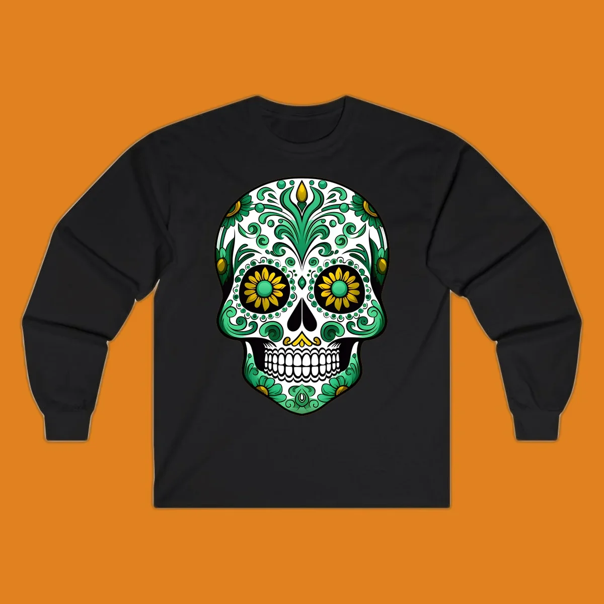 A vibrant green-gold-floral-calavera sugar skull with intricate scrollwork, yellow flowers for eyes, and gold accents.
