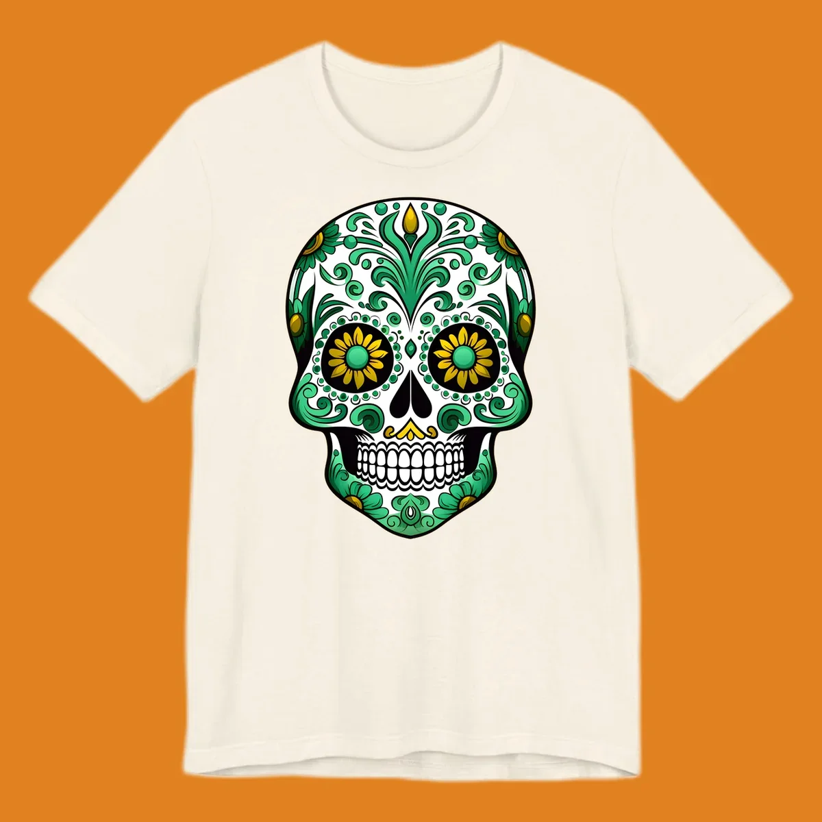 A vibrant green-gold-floral-calavera sugar skull with intricate scrollwork, yellow flowers for eyes, and gold accents.