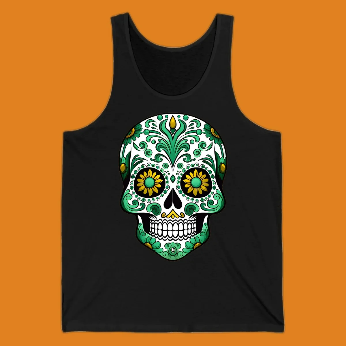 A vibrant green-gold-floral-calavera sugar skull with intricate scrollwork, yellow flowers for eyes, and gold accents.
