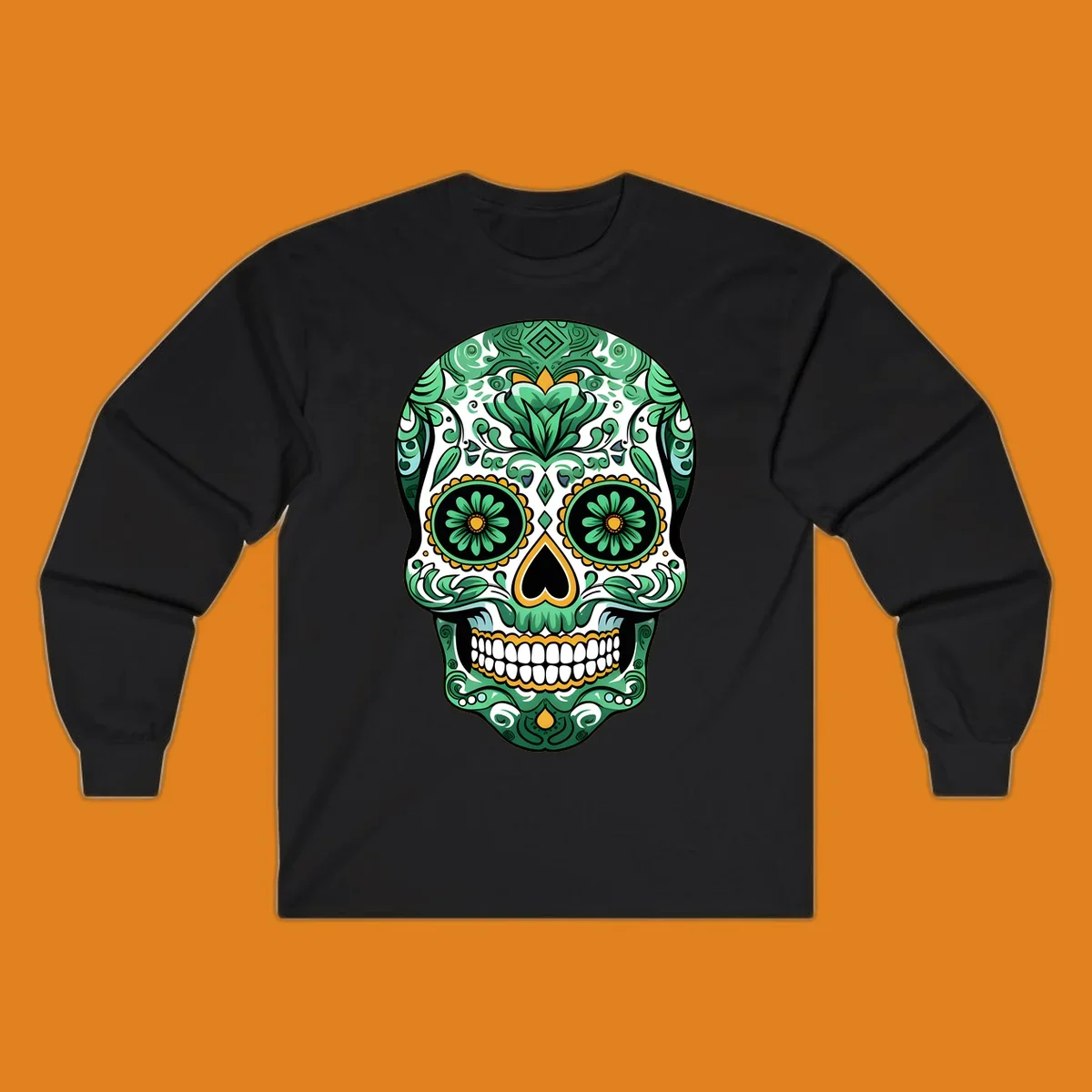 An intricate green floral sugar skull, or calavera, with gold accents and black features, adorned with detailed patterns.