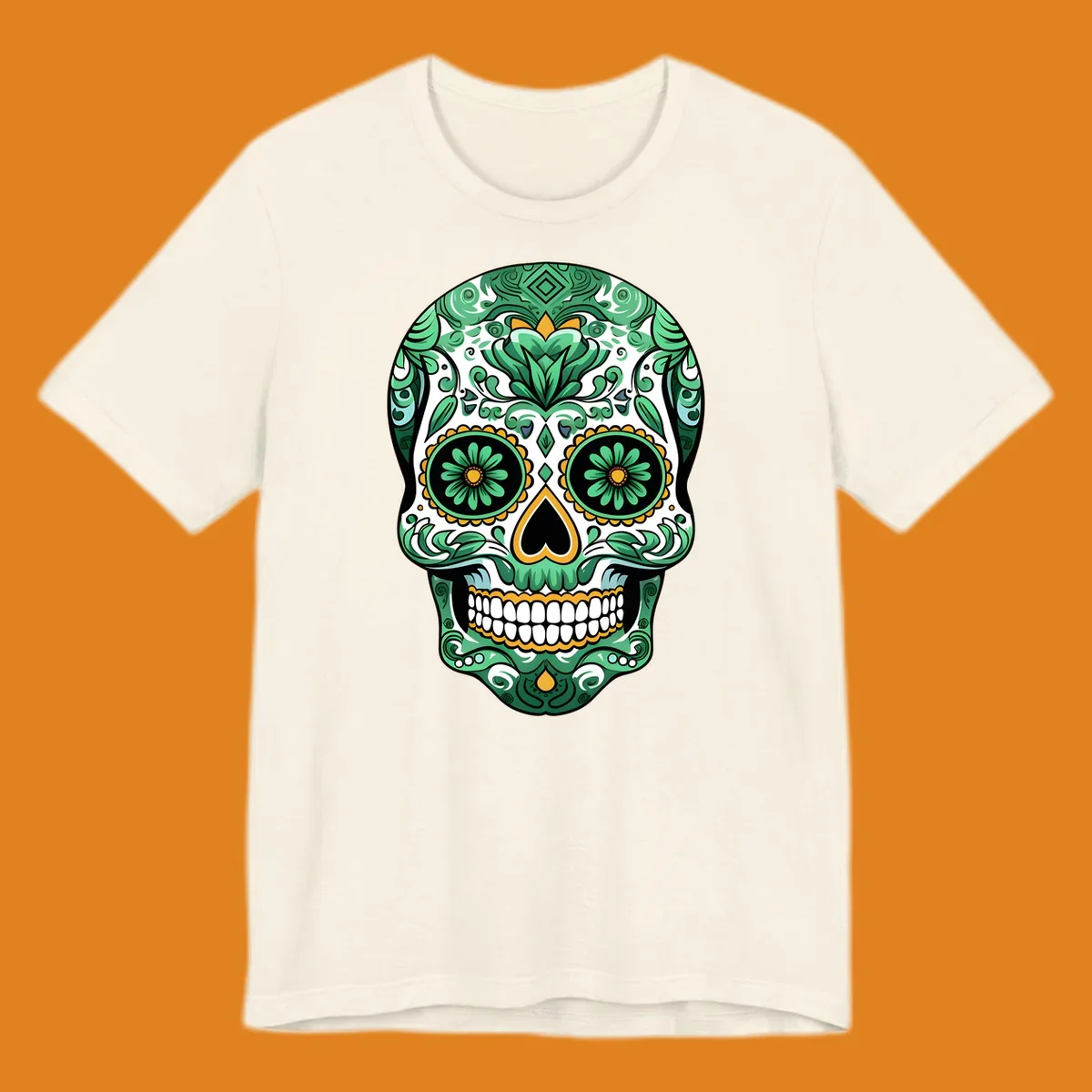 An intricate green floral sugar skull, or calavera, with gold accents and black features, adorned with detailed patterns.