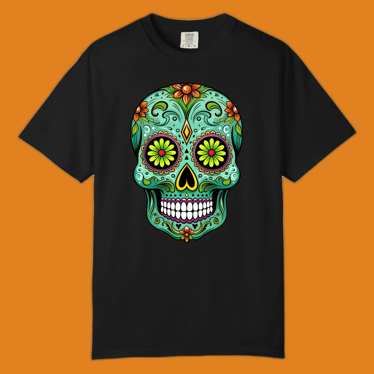 A vibrant floral sugar skull illustration in teal, orange, green, and pink, adorned with intricate patterns and flowers.