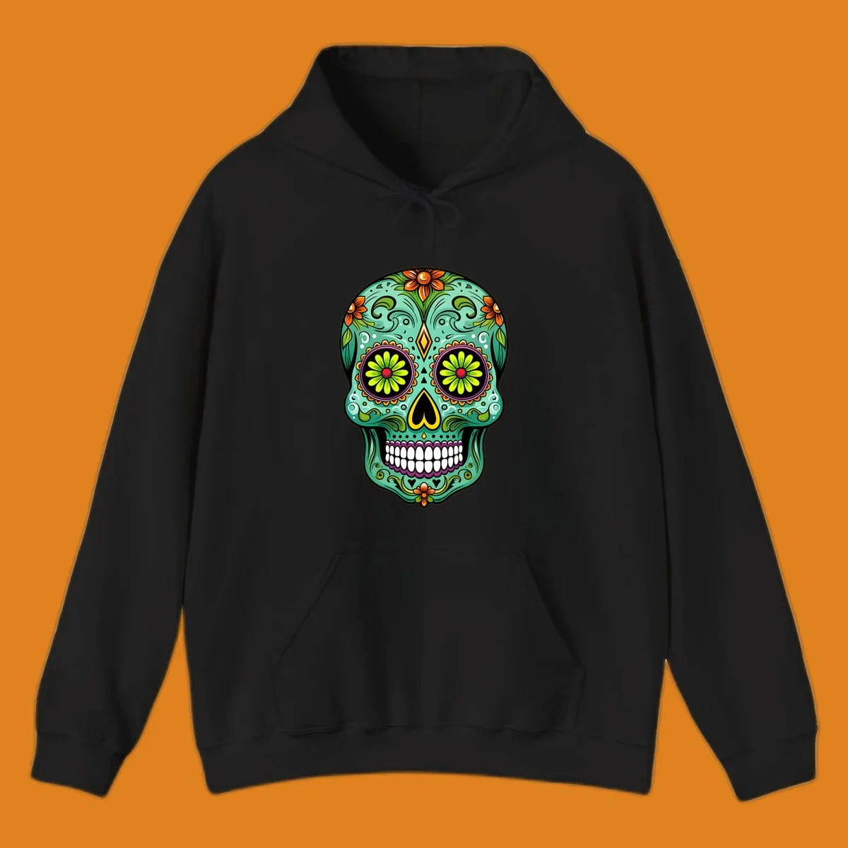 A vibrant floral sugar skull illustration in teal, orange, green, and pink, adorned with intricate patterns and flowers.