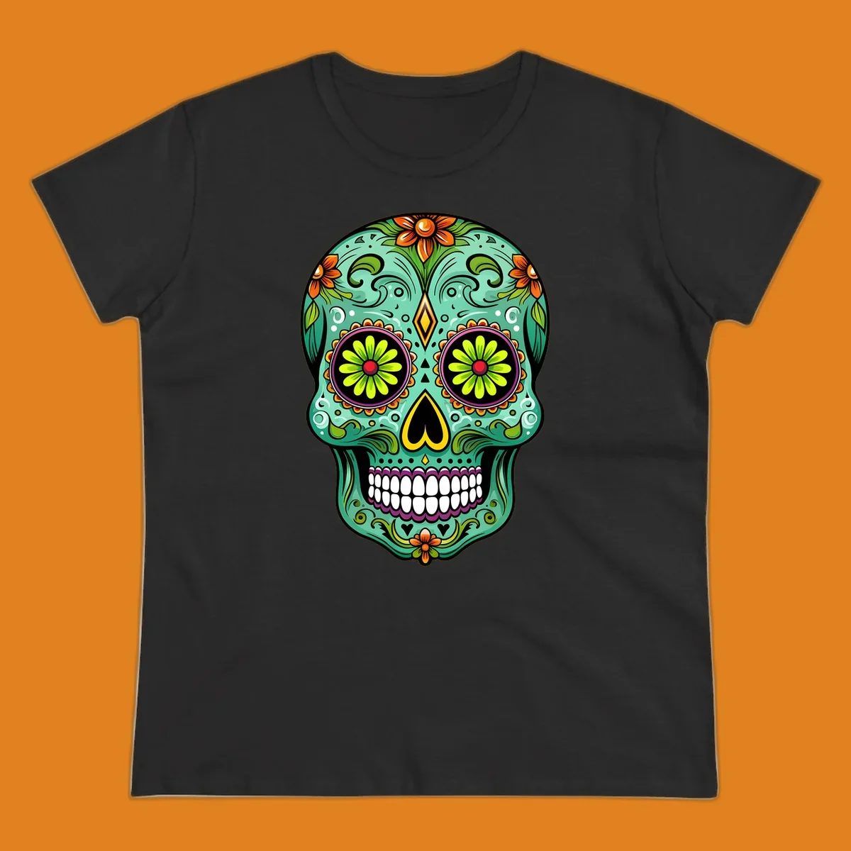 A vibrant floral sugar skull illustration in teal, orange, green, and pink, adorned with intricate patterns and flowers.