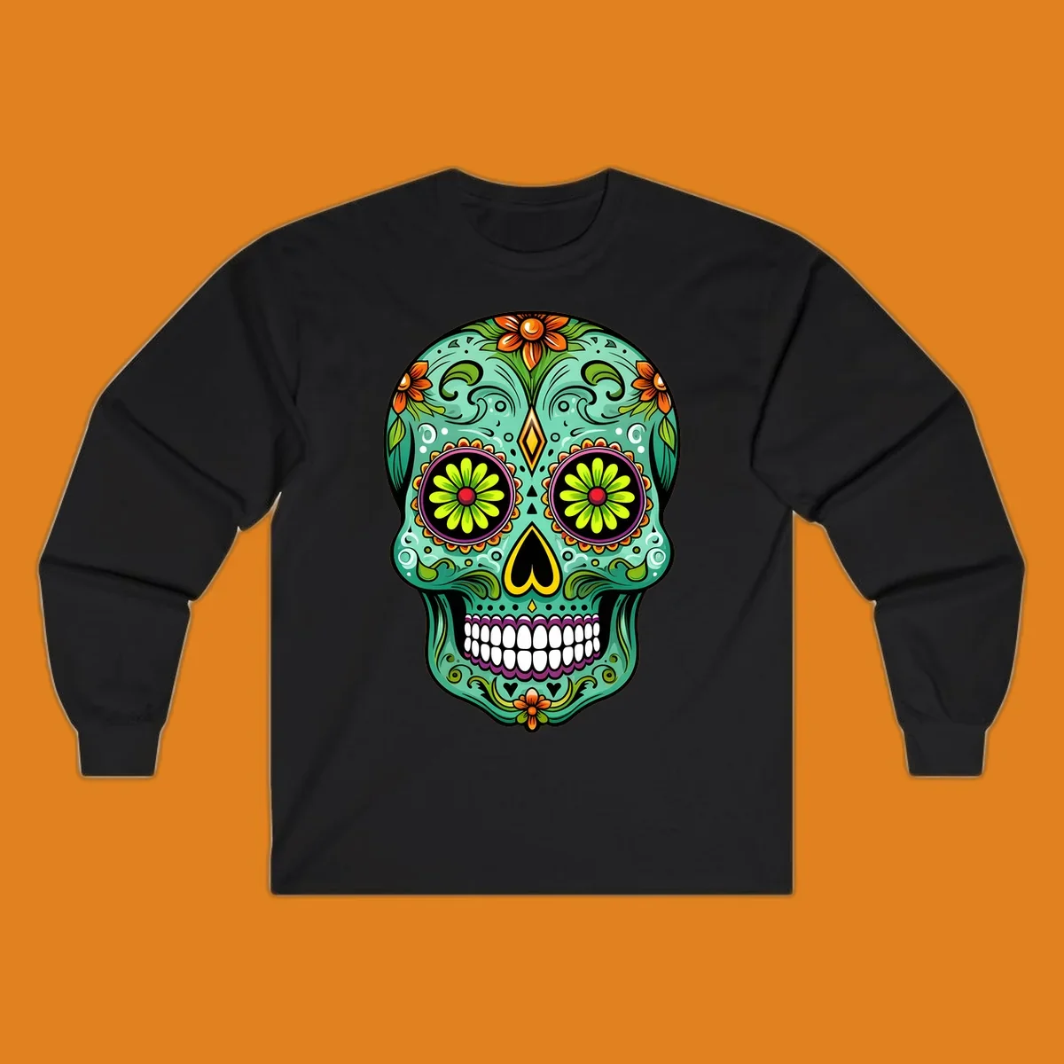 A vibrant floral sugar skull illustration in teal, orange, green, and pink, adorned with intricate patterns and flowers.