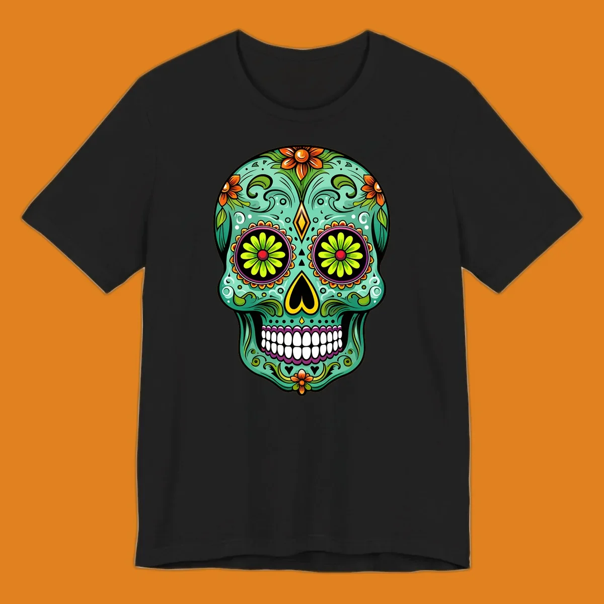 A vibrant floral sugar skull illustration in teal, orange, green, and pink, adorned with intricate patterns and flowers.