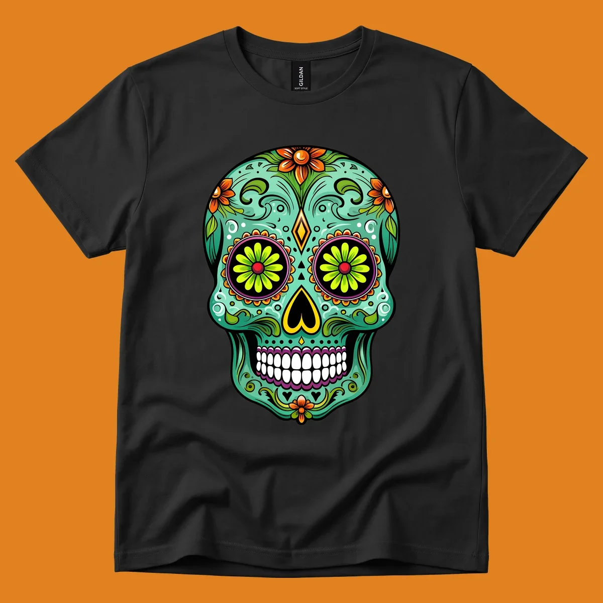 A vibrant floral sugar skull illustration in teal, orange, green, and pink, adorned with intricate patterns and flowers.