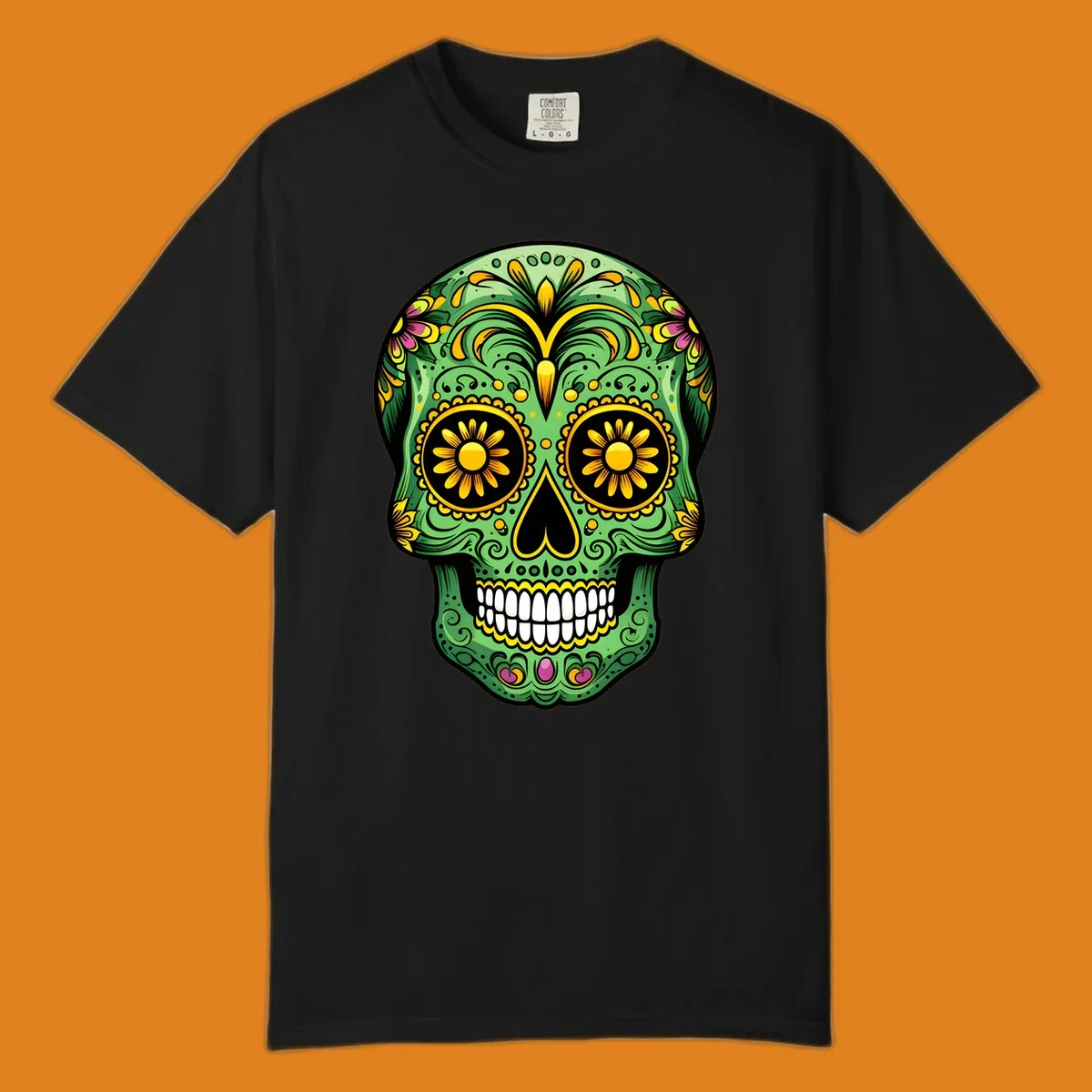 A vibrant green calavera sugar skull with yellow, pink, and black floral patterns and white teeth.