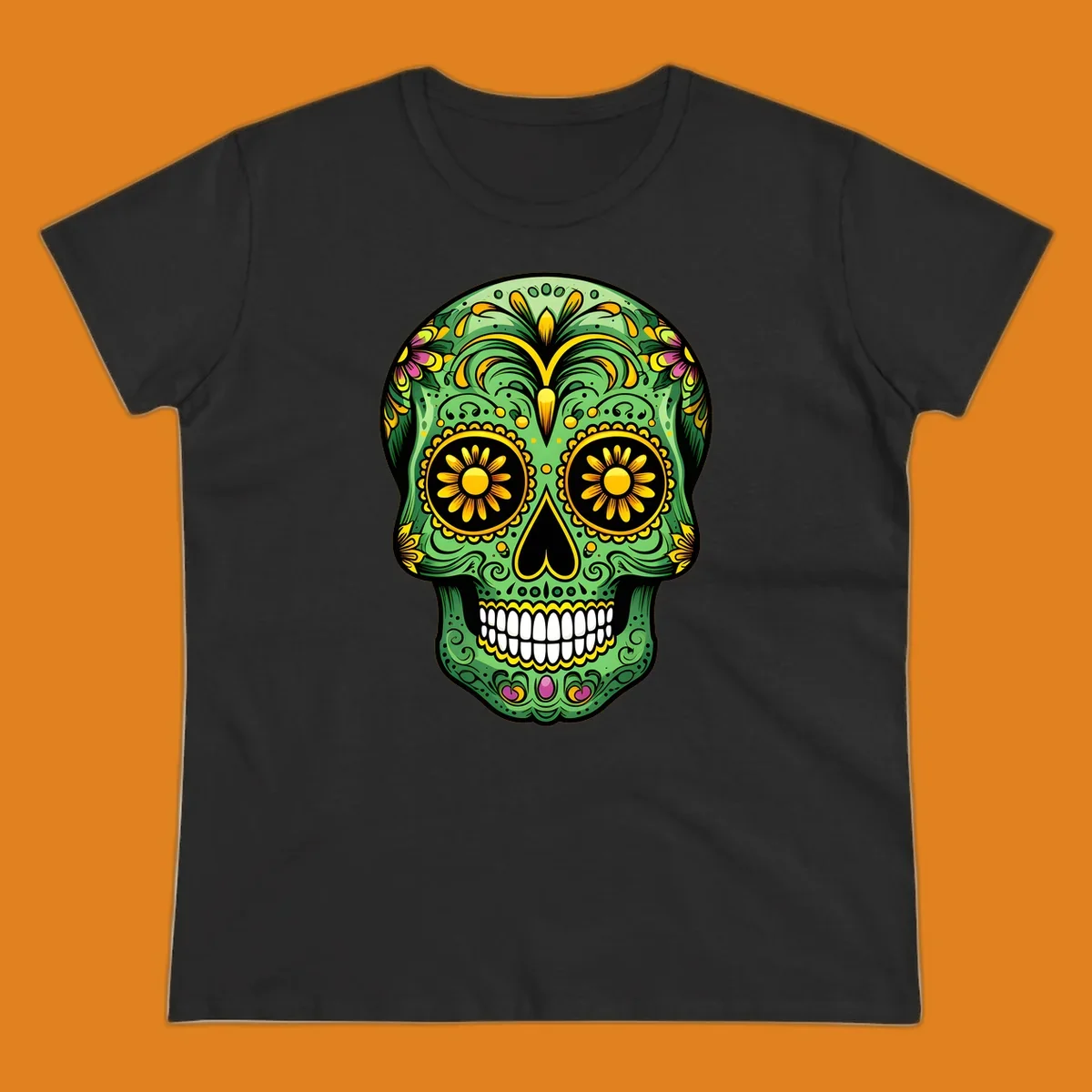 A vibrant green calavera sugar skull with yellow, pink, and black floral patterns and white teeth.