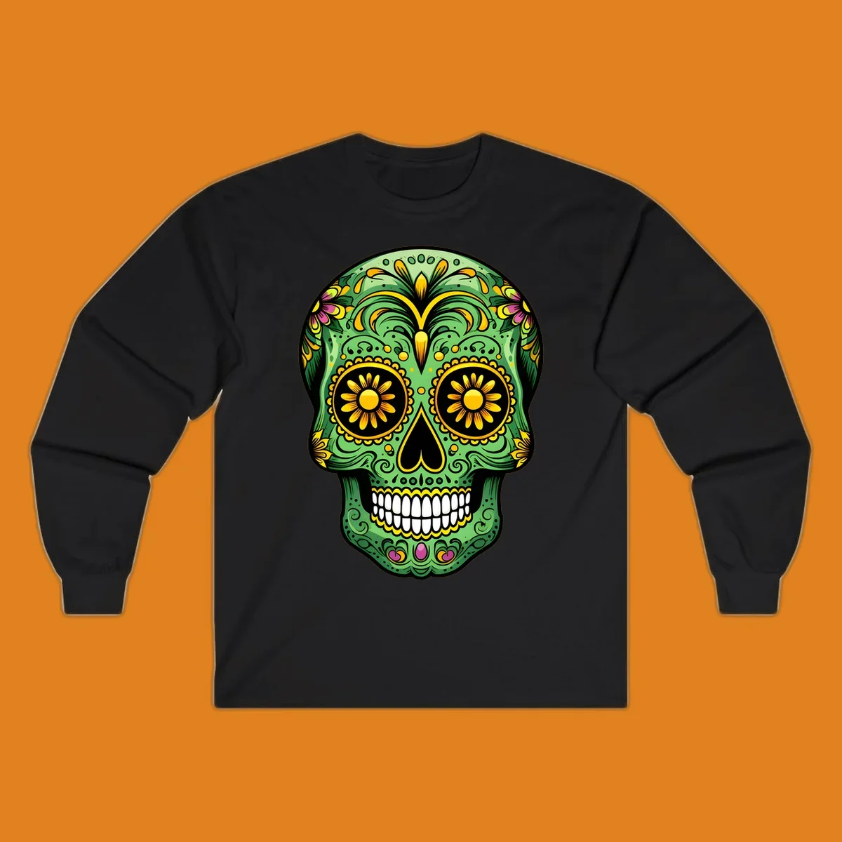 A vibrant green calavera sugar skull with yellow, pink, and black floral patterns and white teeth.