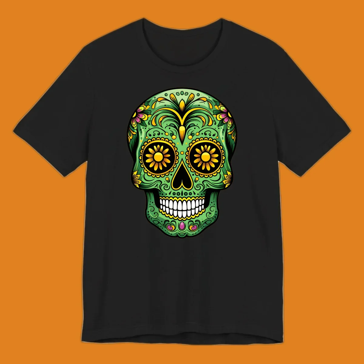 A vibrant green calavera sugar skull with yellow, pink, and black floral patterns and white teeth.