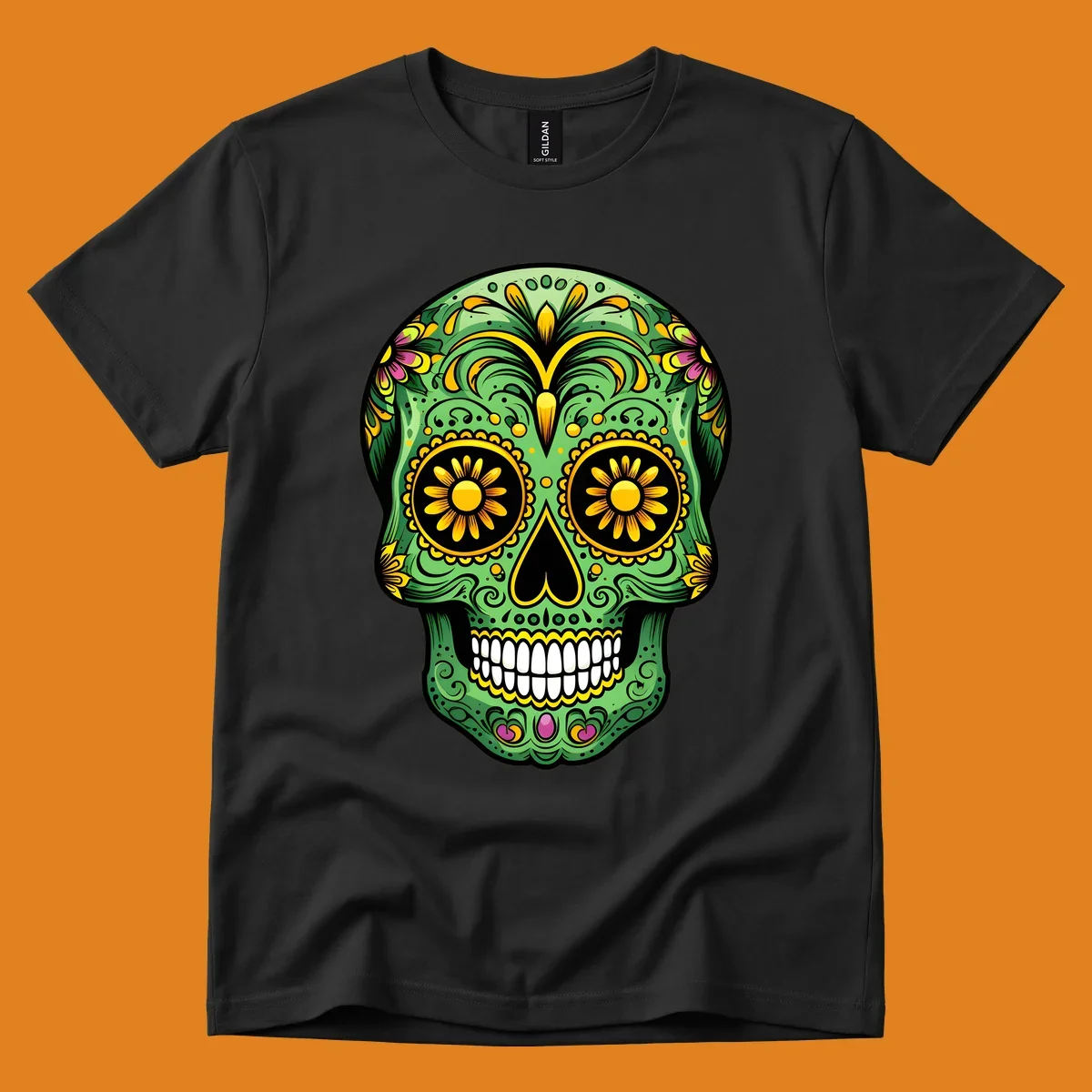 A vibrant green calavera sugar skull with yellow, pink, and black floral patterns and white teeth.