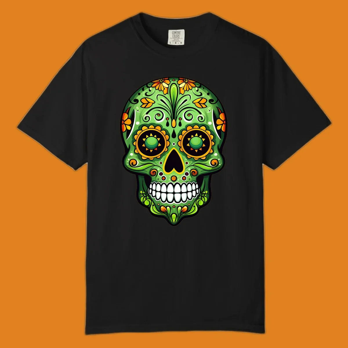 A vibrant green calavera sugar skull illustration adorned with yellow and orange marigold flowers and intricate swirls.
