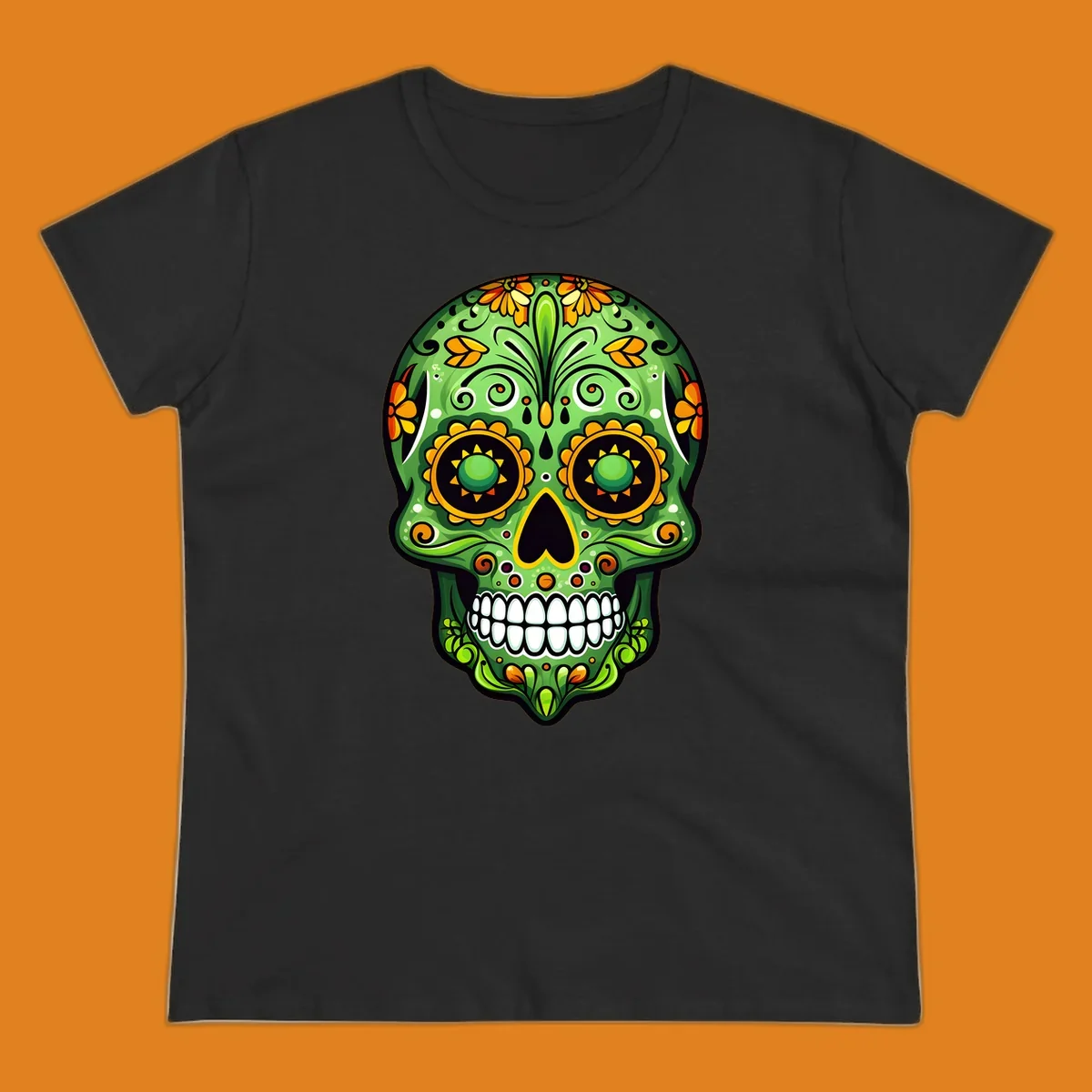 A vibrant green calavera sugar skull illustration adorned with yellow and orange marigold flowers and intricate swirls.