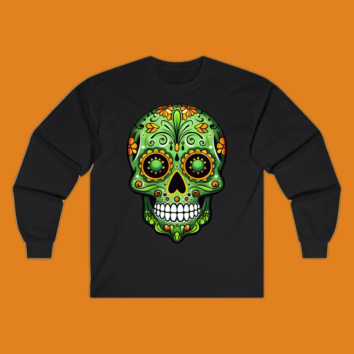 A vibrant green calavera sugar skull illustration adorned with yellow and orange marigold flowers and intricate swirls.