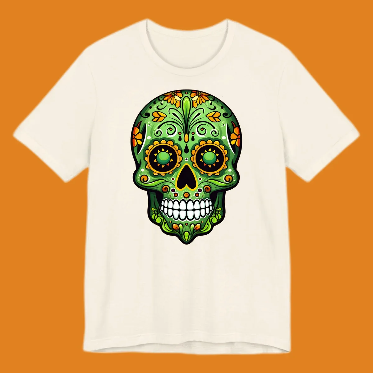 A vibrant green calavera sugar skull illustration adorned with yellow and orange marigold flowers and intricate swirls.