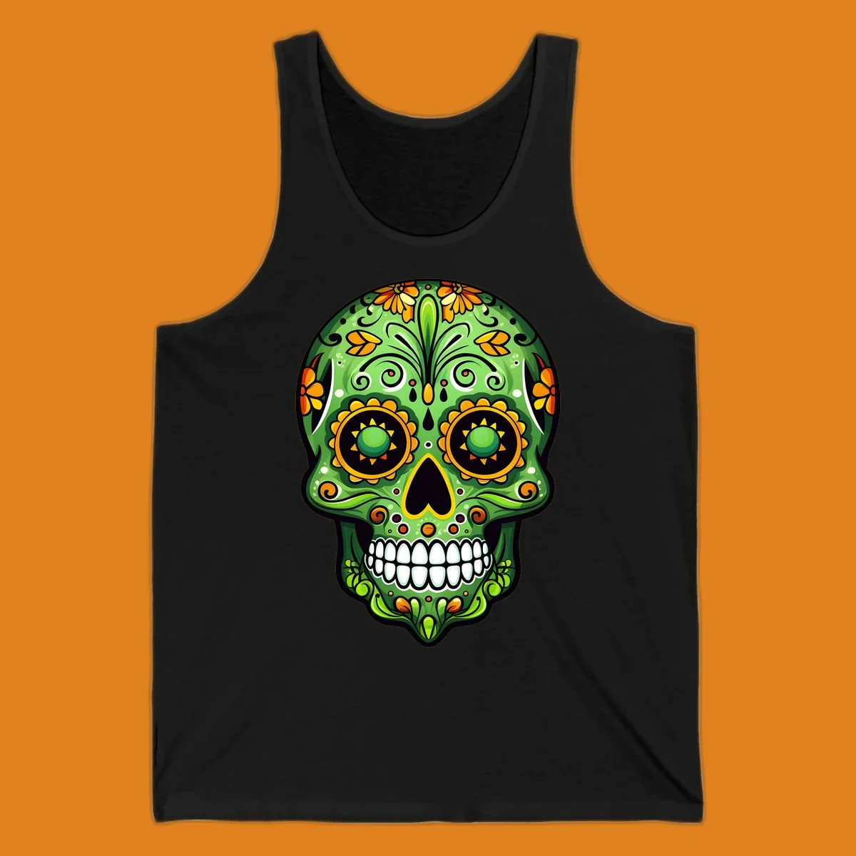 A vibrant green calavera sugar skull illustration adorned with yellow and orange marigold flowers and intricate swirls.