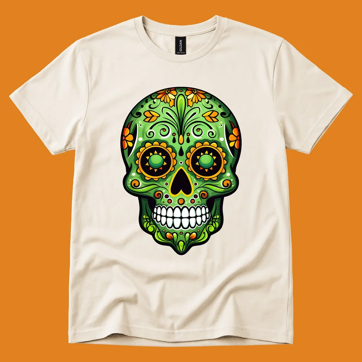 A vibrant green calavera sugar skull illustration adorned with yellow and orange marigold flowers and intricate swirls.