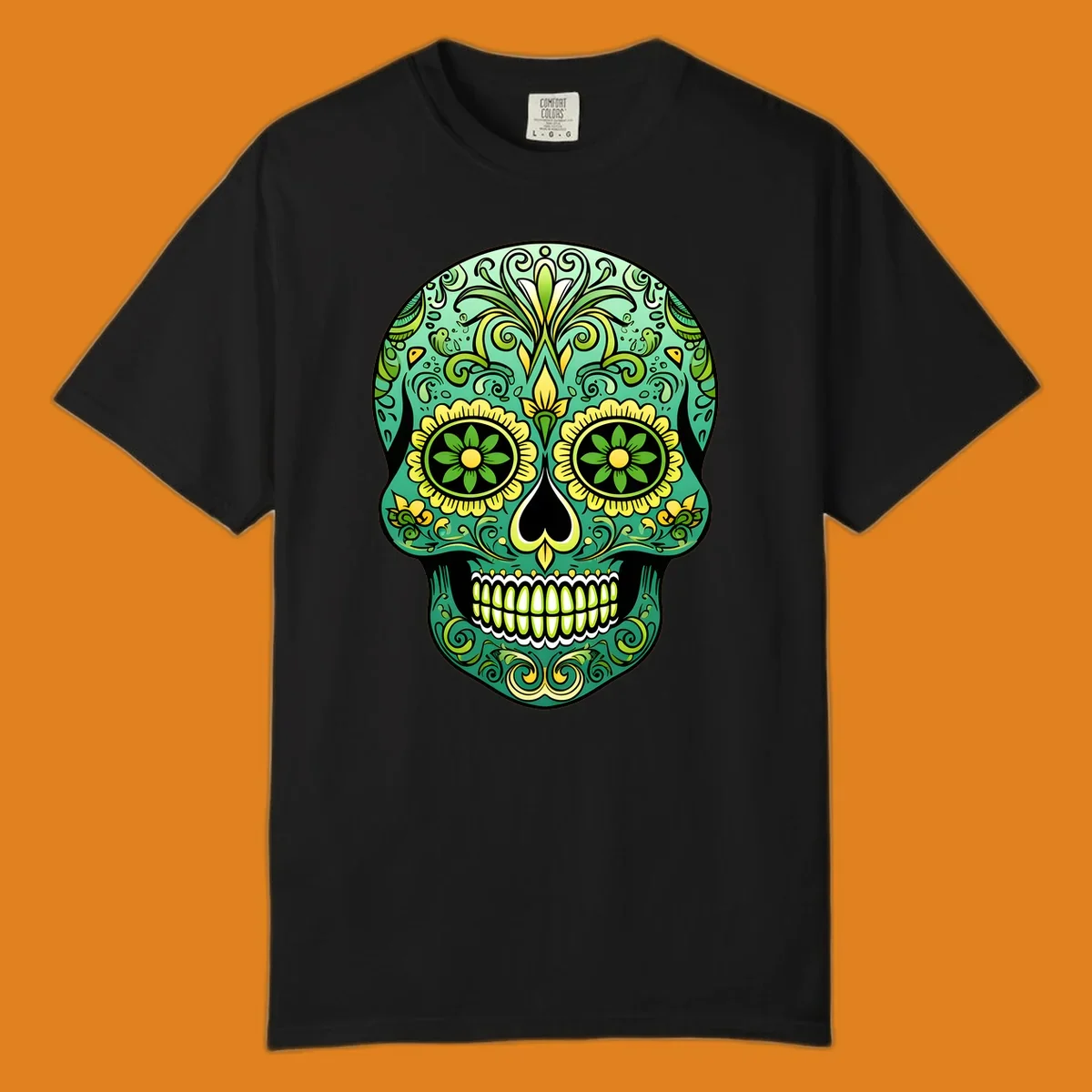 An emerald floral calavera sugar skull illustration with intricate green and yellow decorative patterns.