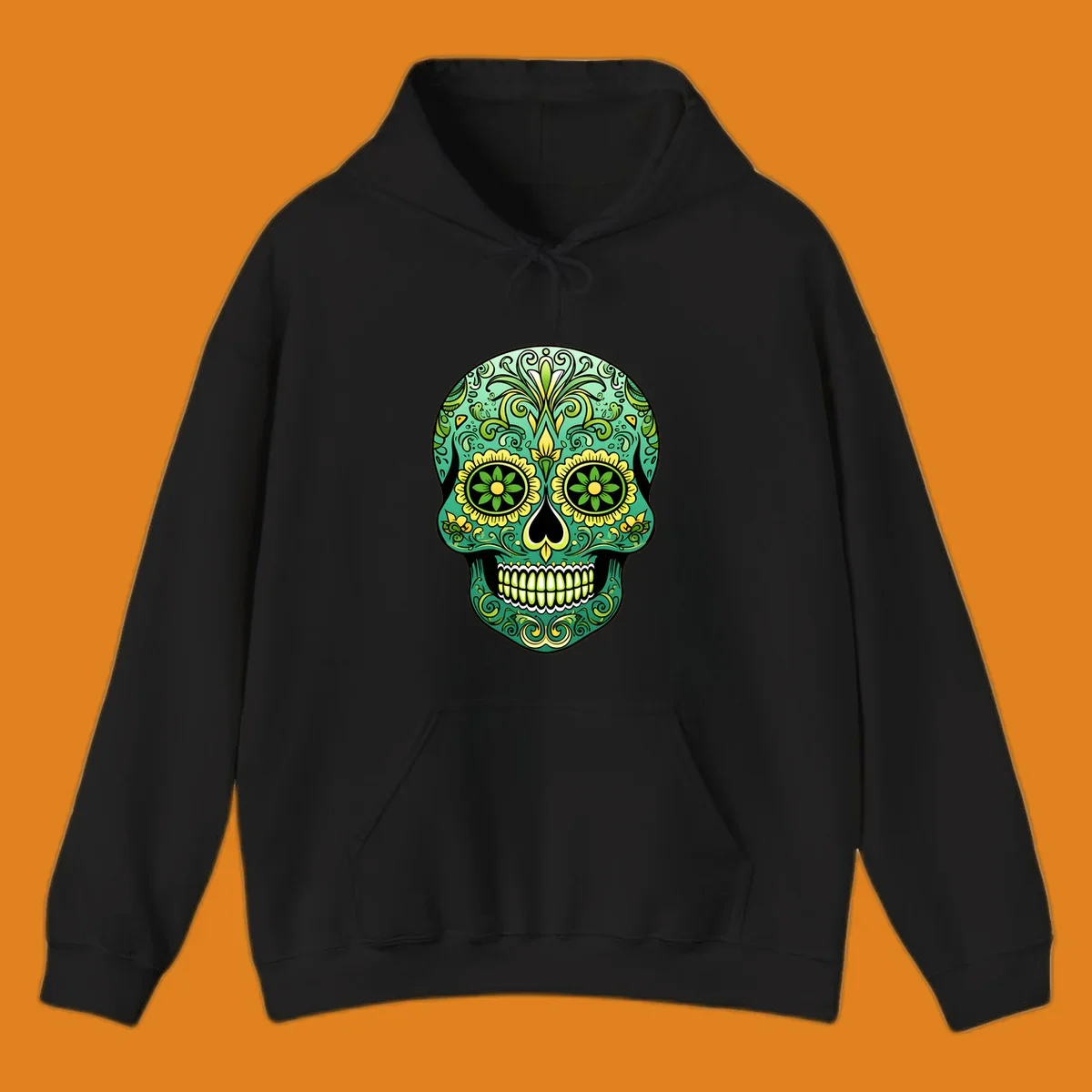 An emerald floral calavera sugar skull illustration with intricate green and yellow decorative patterns.