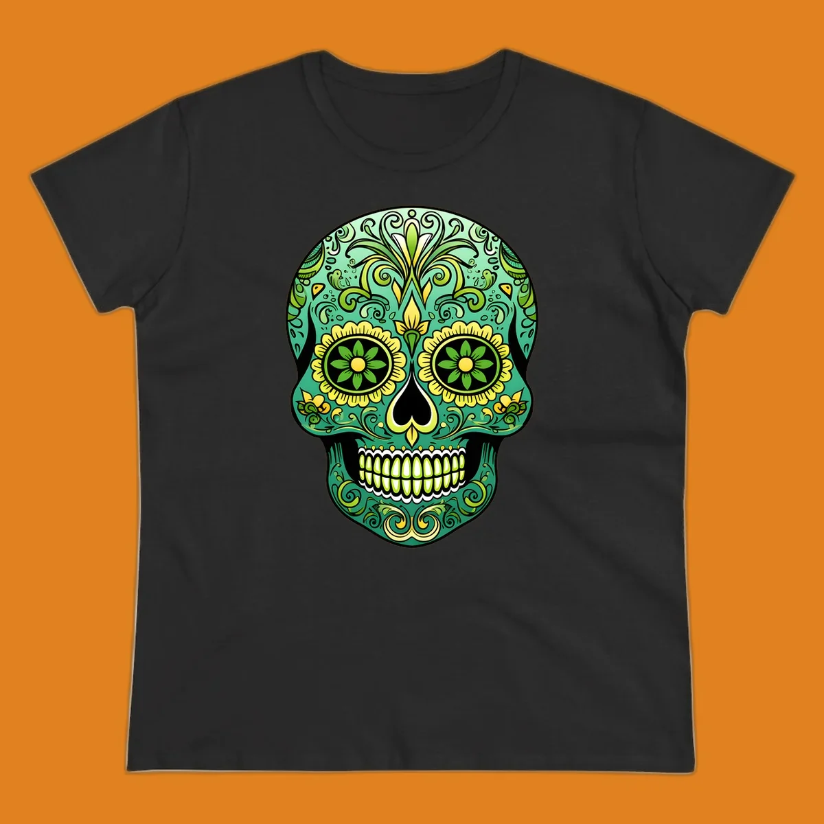 An emerald floral calavera sugar skull illustration with intricate green and yellow decorative patterns.