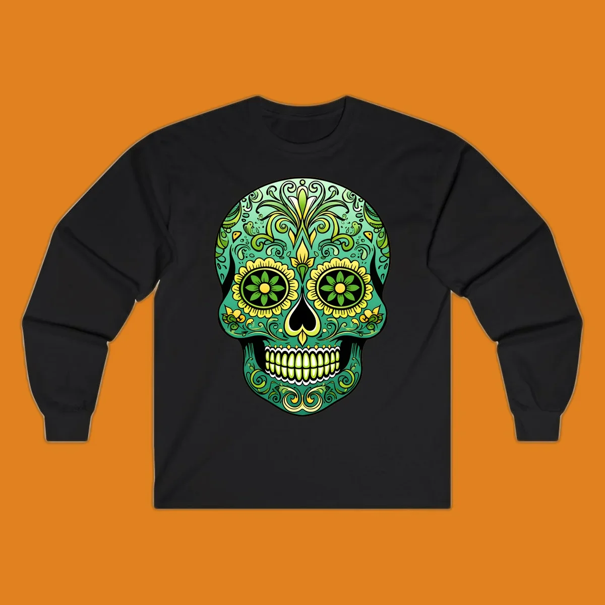An emerald floral calavera sugar skull illustration with intricate green and yellow decorative patterns.