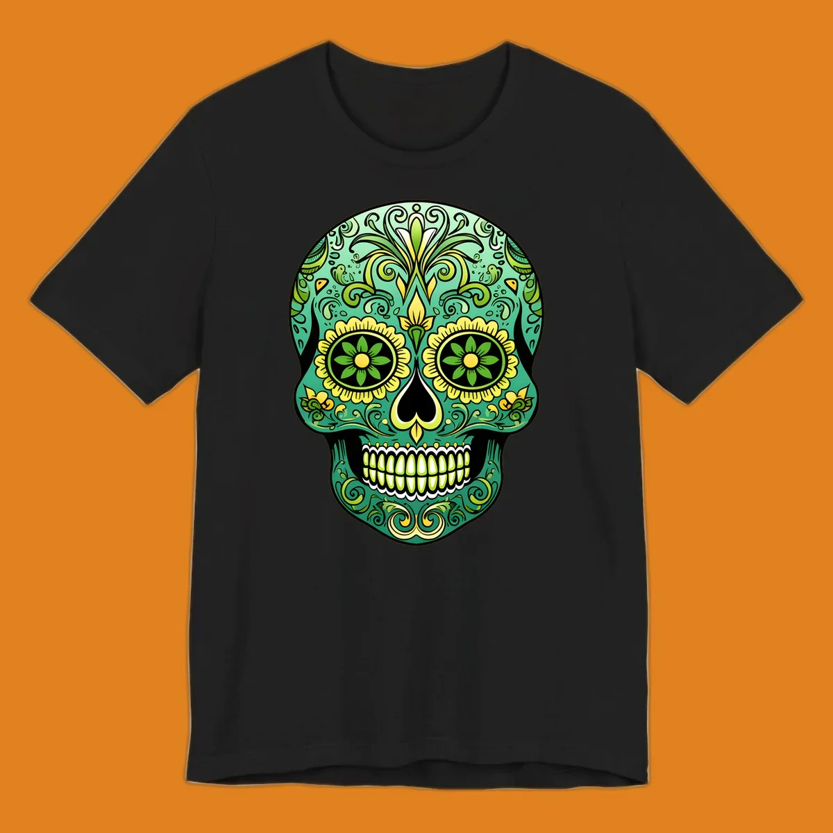 An emerald floral calavera sugar skull illustration with intricate green and yellow decorative patterns.