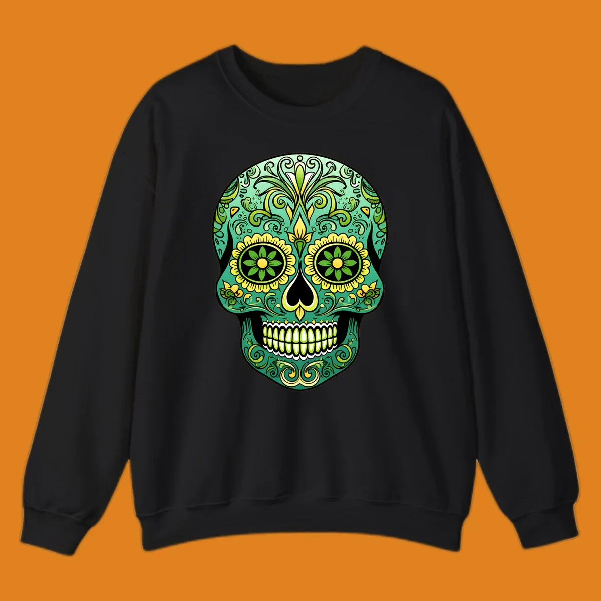 An emerald floral calavera sugar skull illustration with intricate green and yellow decorative patterns.