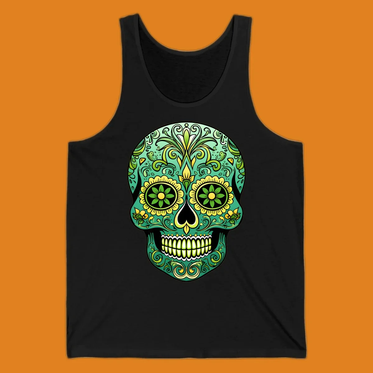 An emerald floral calavera sugar skull illustration with intricate green and yellow decorative patterns.