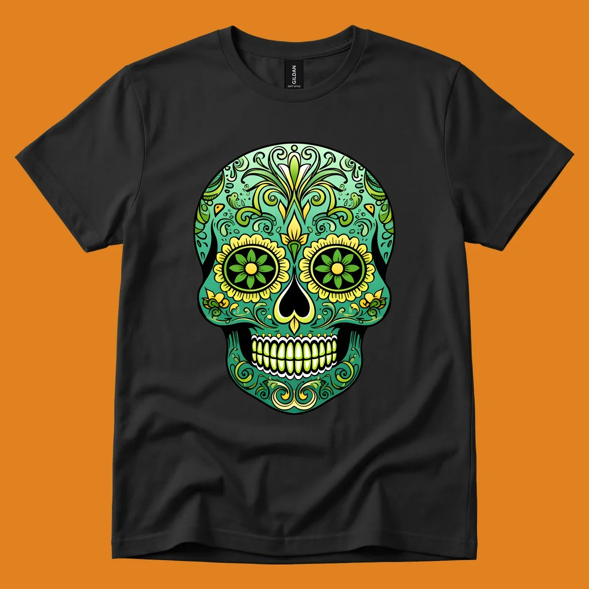 An emerald floral calavera sugar skull illustration with intricate green and yellow decorative patterns.