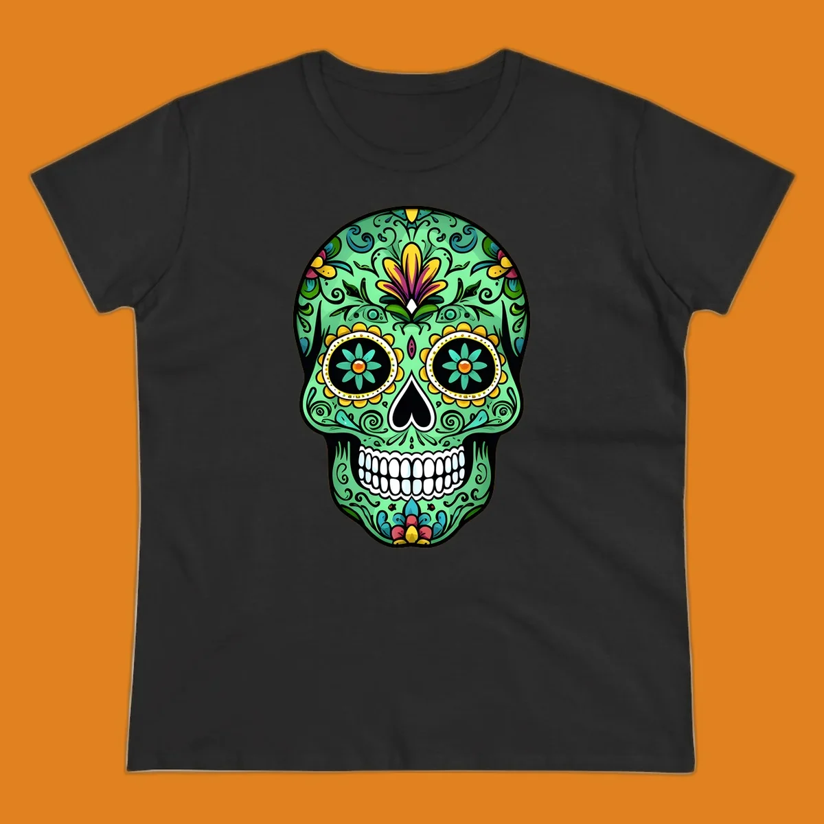 An ornate teal calavera skull illustration, detailed with yellow, magenta, and blue floral patterns, scrolls, and white teeth.