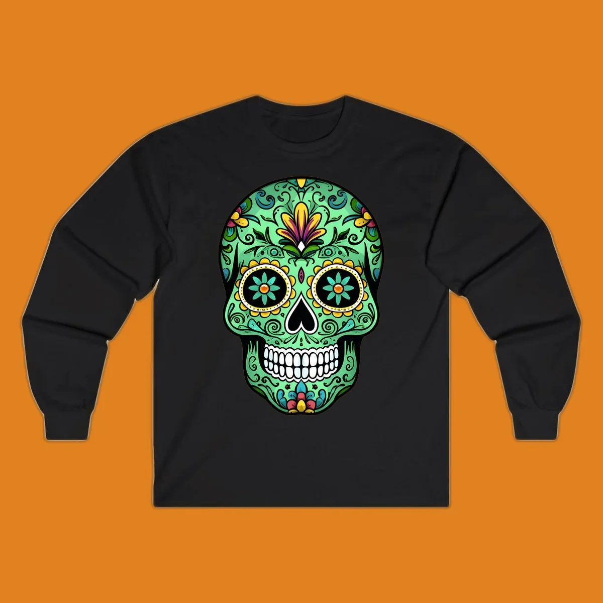 An ornate teal calavera skull illustration, detailed with yellow, magenta, and blue floral patterns, scrolls, and white teeth.