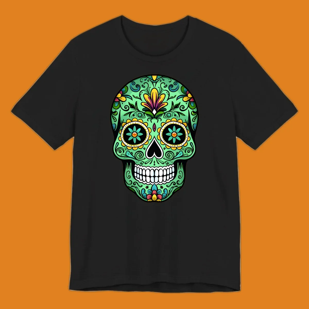 An ornate teal calavera skull illustration, detailed with yellow, magenta, and blue floral patterns, scrolls, and white teeth.