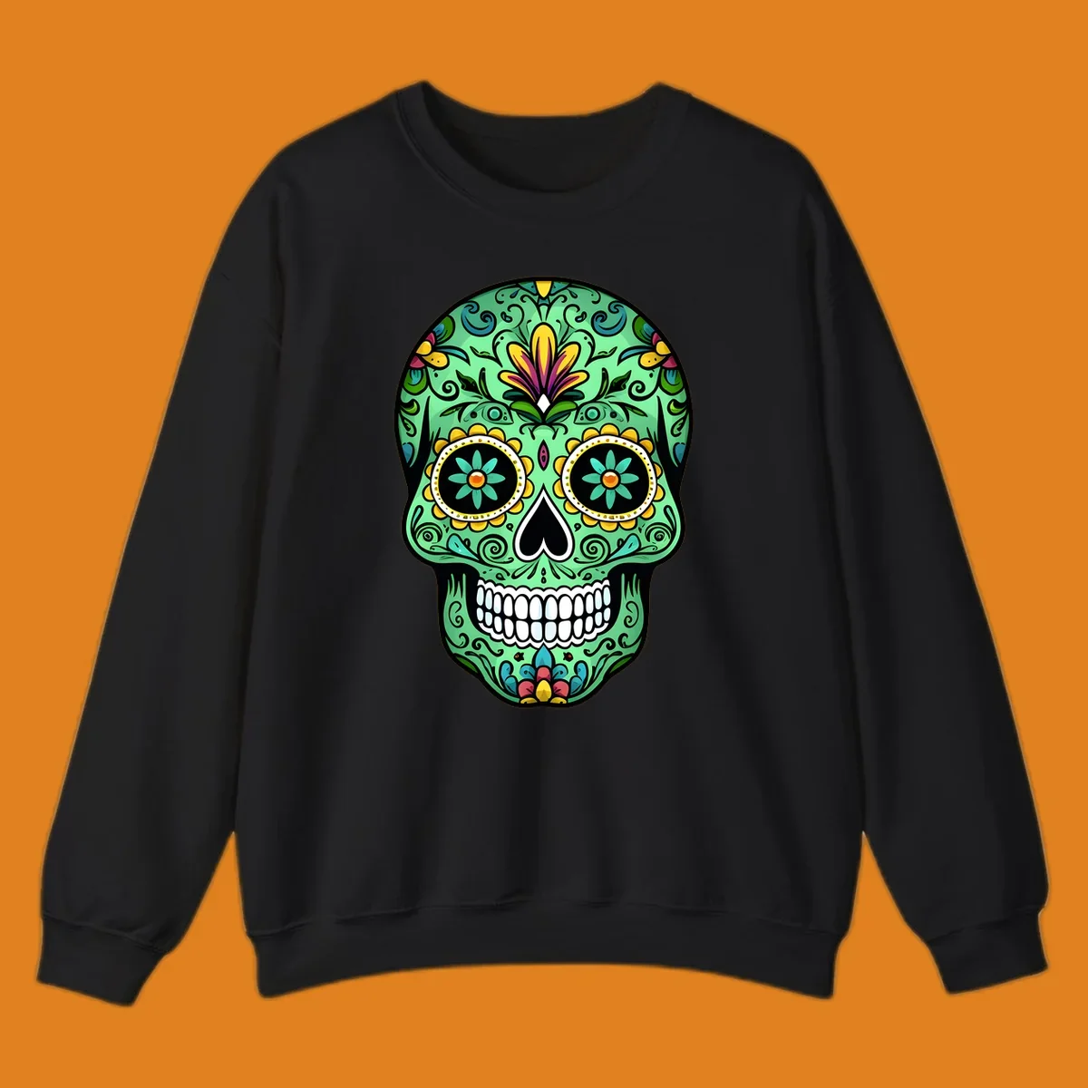 An ornate teal calavera skull illustration, detailed with yellow, magenta, and blue floral patterns, scrolls, and white teeth.