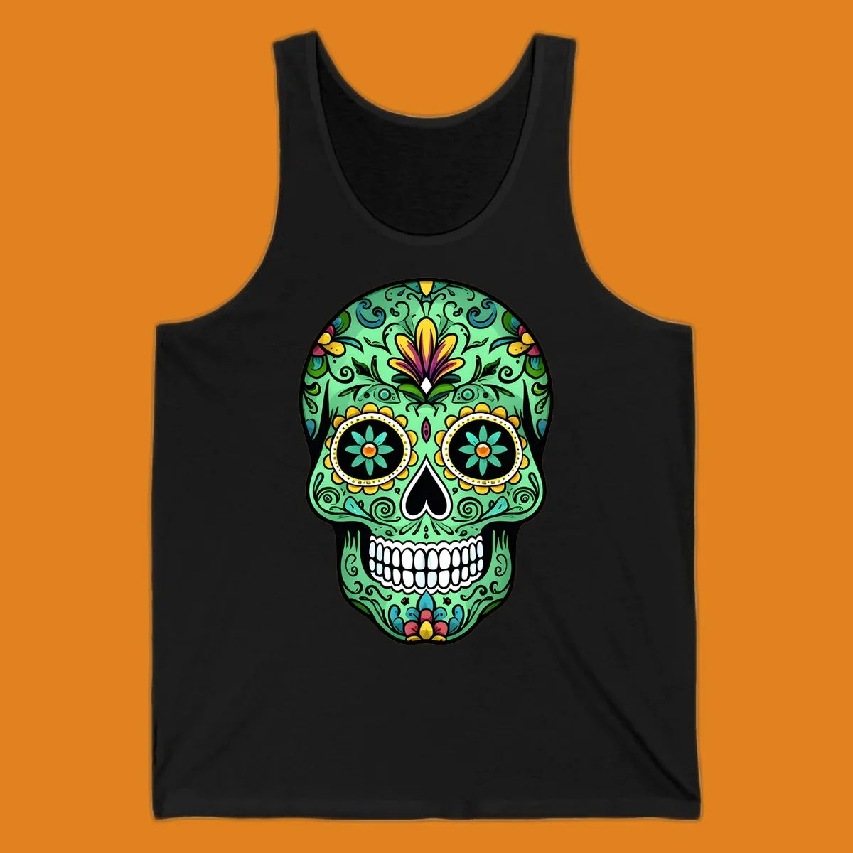 An ornate teal calavera skull illustration, detailed with yellow, magenta, and blue floral patterns, scrolls, and white teeth.