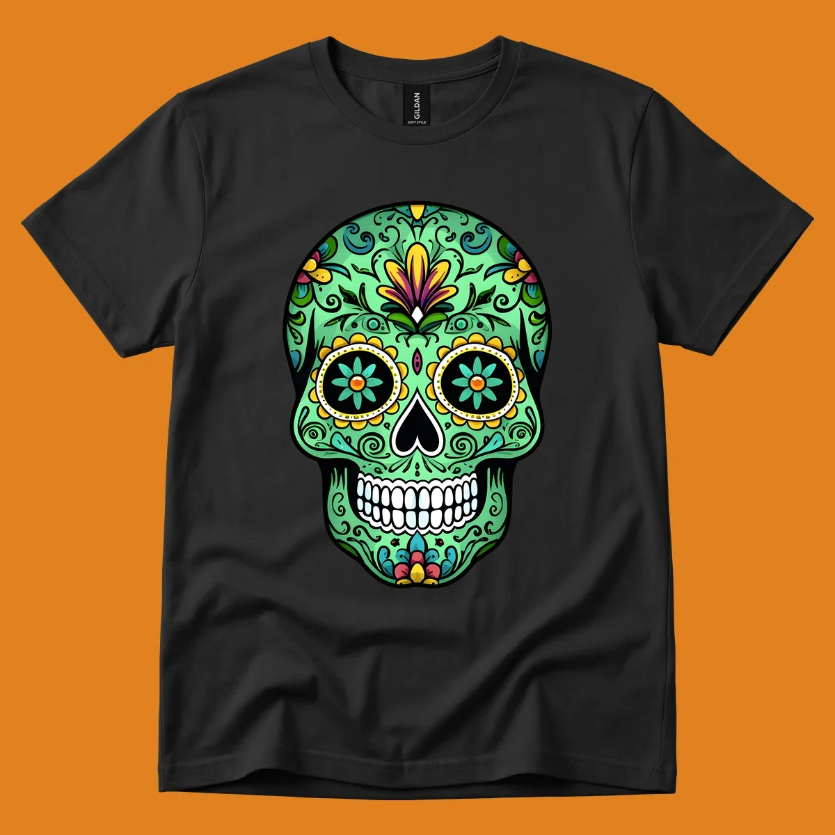 An ornate teal calavera skull illustration, detailed with yellow, magenta, and blue floral patterns, scrolls, and white teeth.