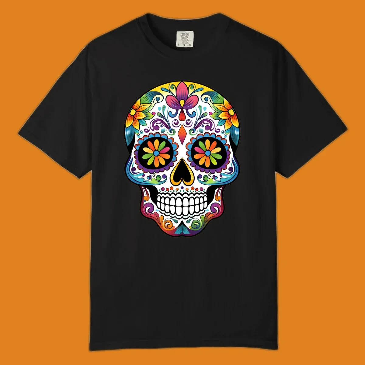 A vibrant floral sugar skull (calavera) illustration with colorful flowers and intricate patterns.