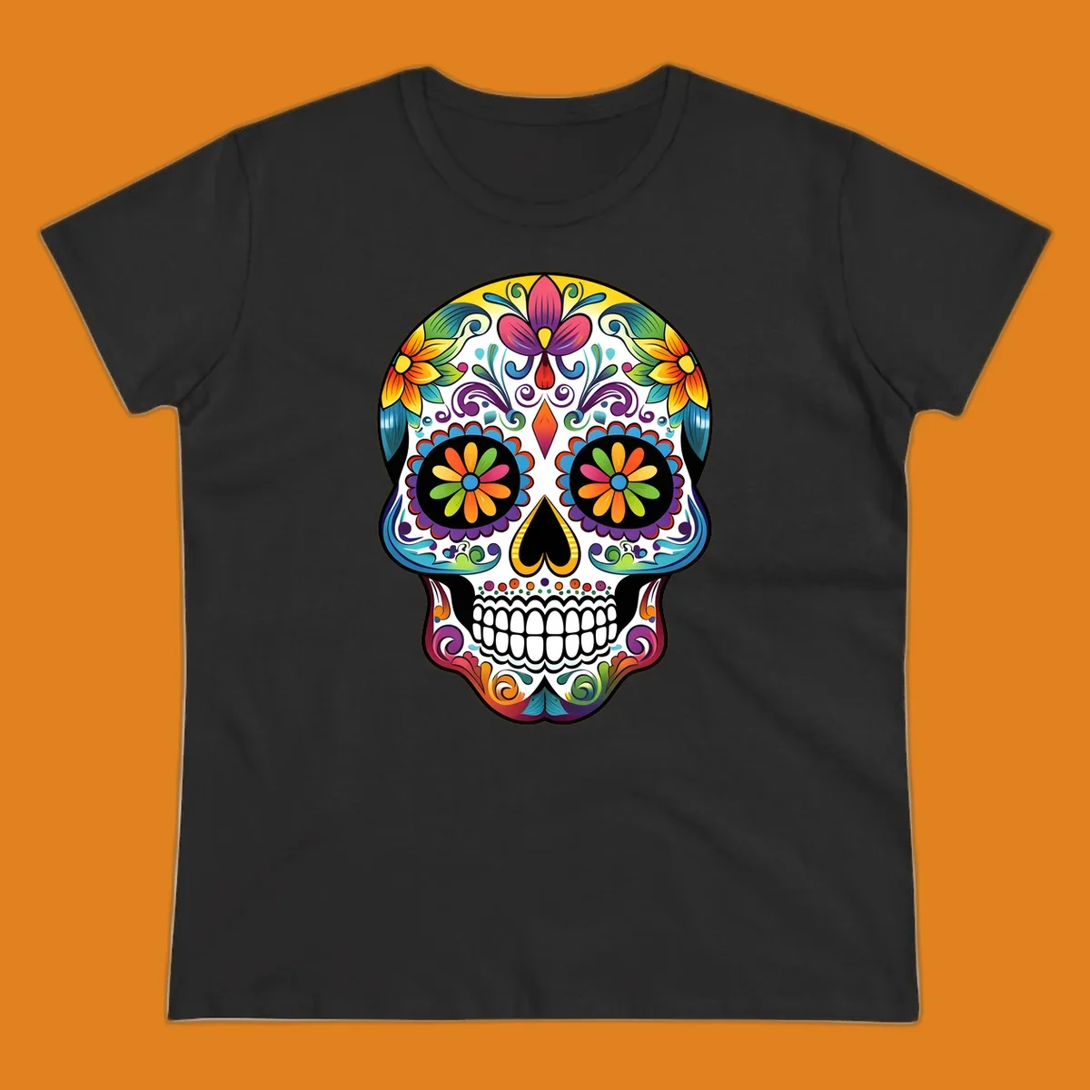 A vibrant floral sugar skull (calavera) illustration with colorful flowers and intricate patterns.