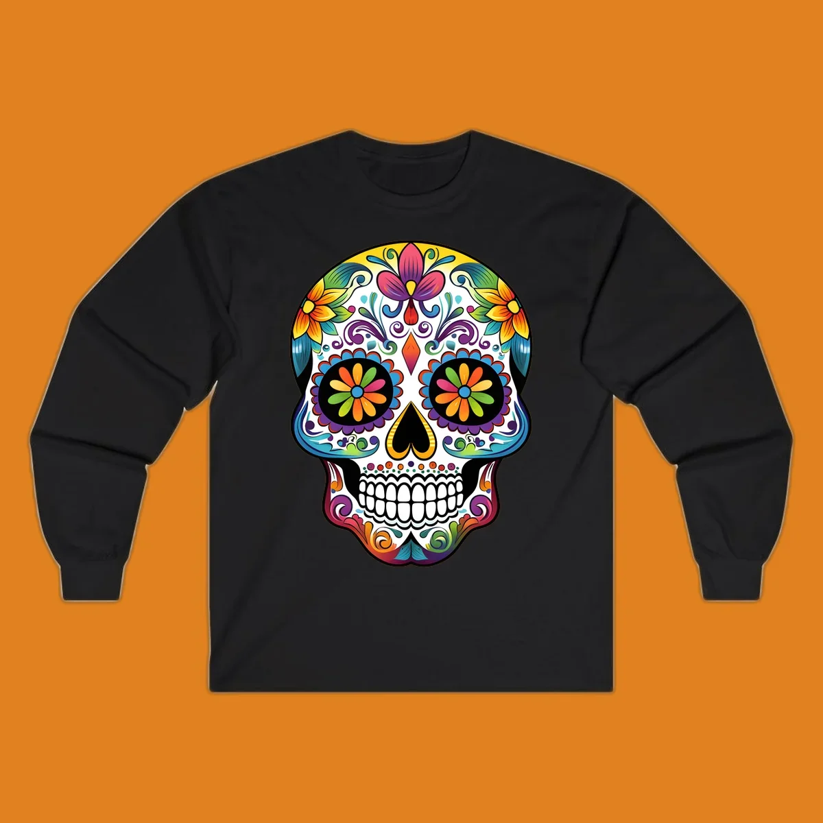 A vibrant floral sugar skull (calavera) illustration with colorful flowers and intricate patterns.
