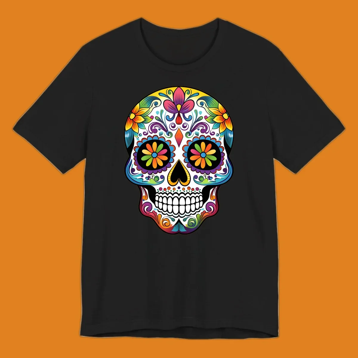 A vibrant floral sugar skull (calavera) illustration with colorful flowers and intricate patterns.