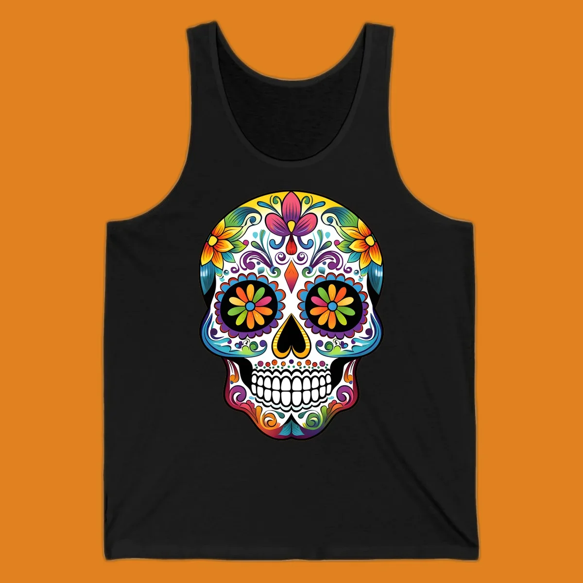 A vibrant floral sugar skull (calavera) illustration with colorful flowers and intricate patterns.