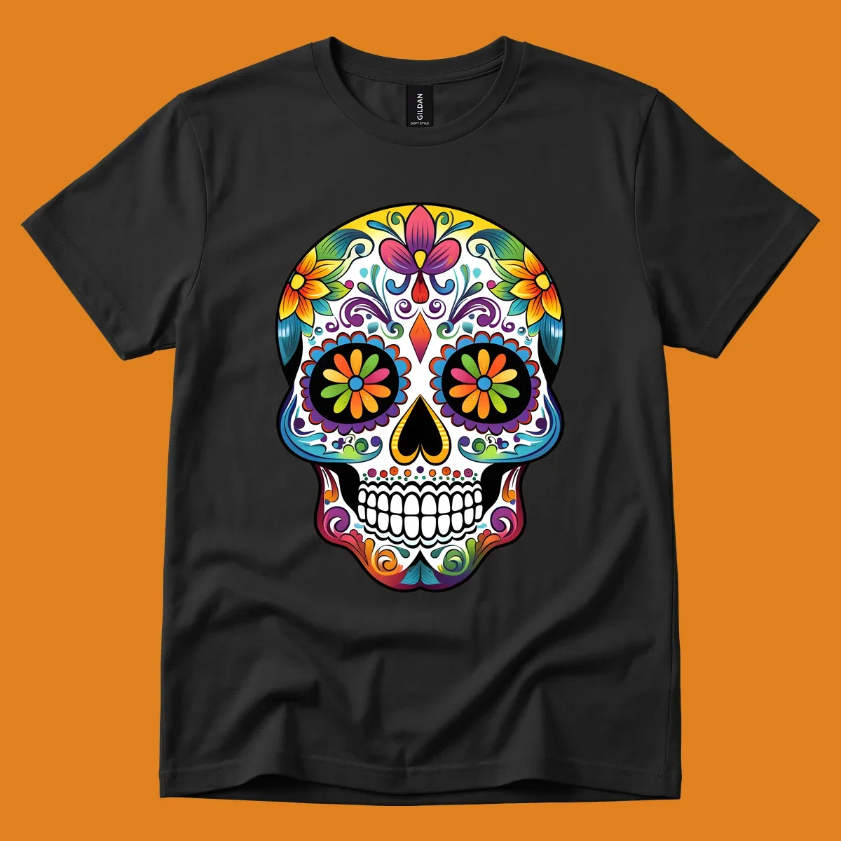 A vibrant floral sugar skull (calavera) illustration with colorful flowers and intricate patterns.