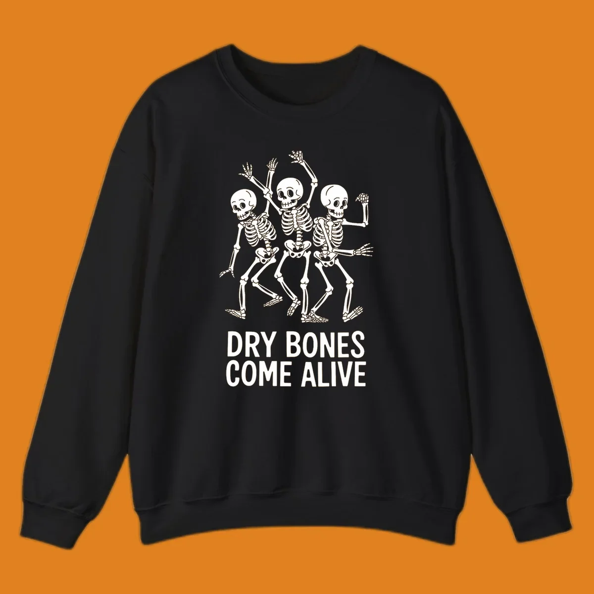 Dry bones dancing skeletons graphic with text "DRY BONES COME ALIVE".
