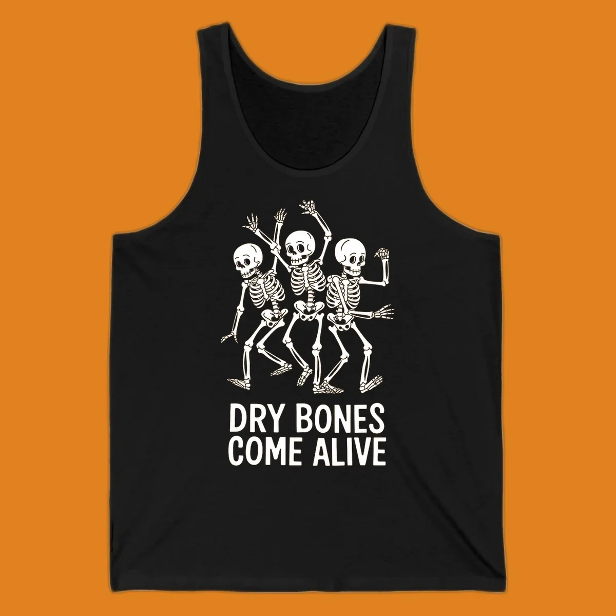 Dry bones dancing skeletons graphic with text "DRY BONES COME ALIVE".