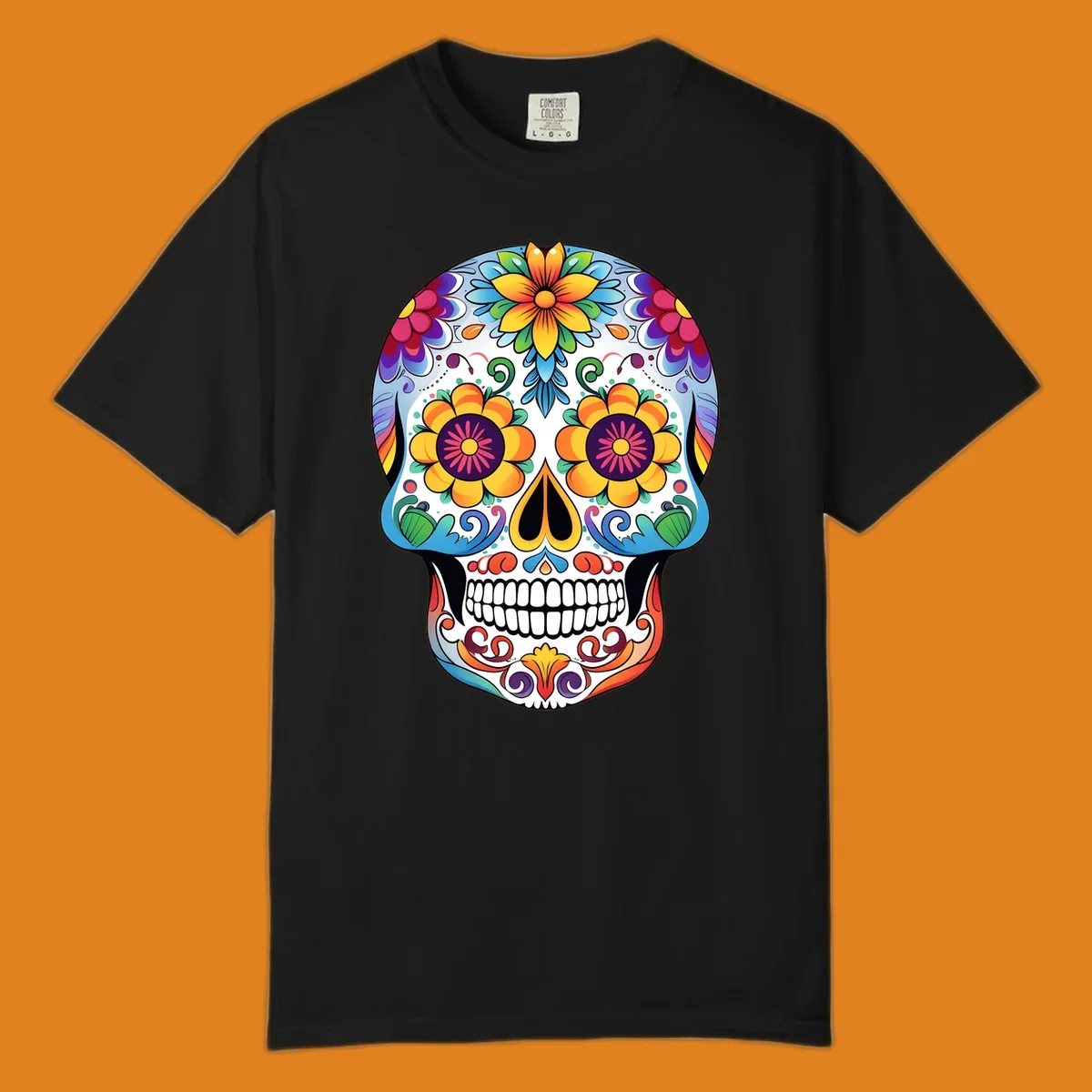A vibrantly colored floral calavera skull illustration, adorned with large flowers, intricate scrolls, and dots.