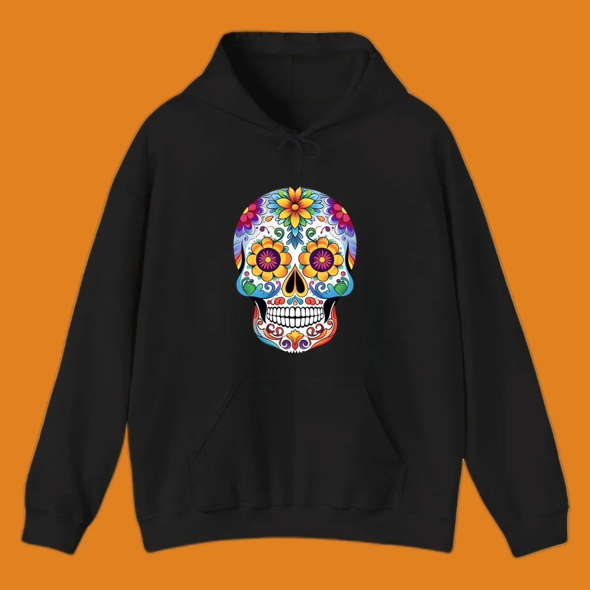 A vibrantly colored floral calavera skull illustration, adorned with large flowers, intricate scrolls, and dots.