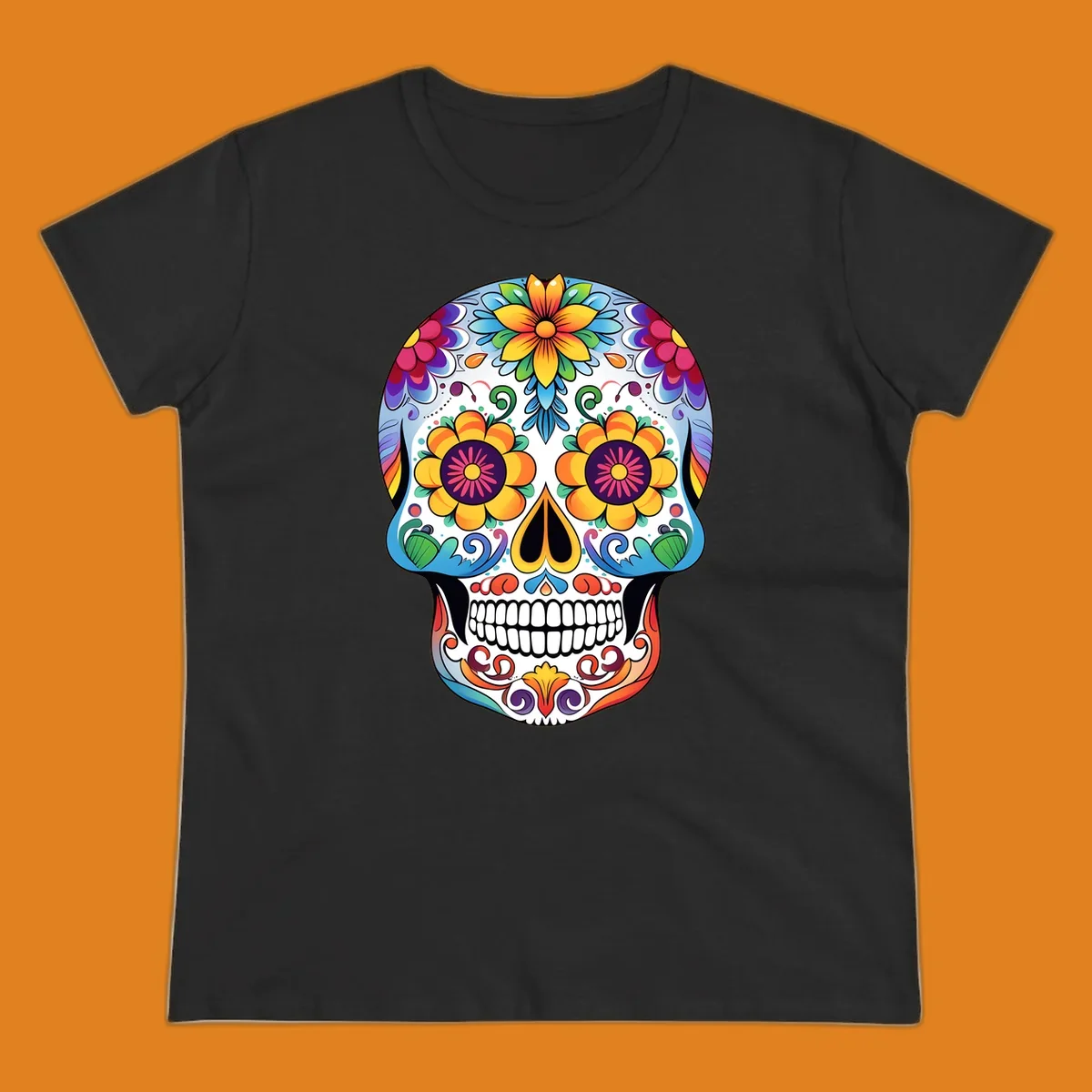A vibrantly colored floral calavera skull illustration, adorned with large flowers, intricate scrolls, and dots.