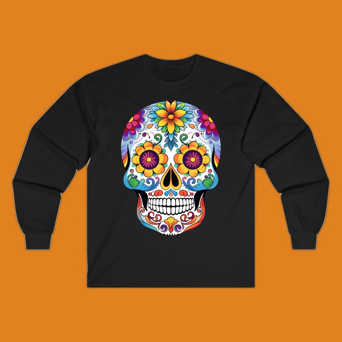 A vibrantly colored floral calavera skull illustration, adorned with large flowers, intricate scrolls, and dots.