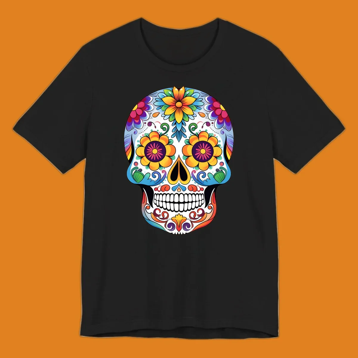 A vibrantly colored floral calavera skull illustration, adorned with large flowers, intricate scrolls, and dots.