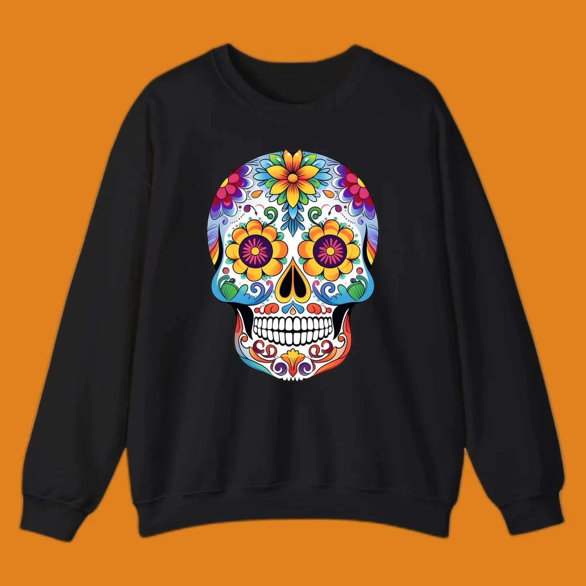 A vibrantly colored floral calavera skull illustration, adorned with large flowers, intricate scrolls, and dots.